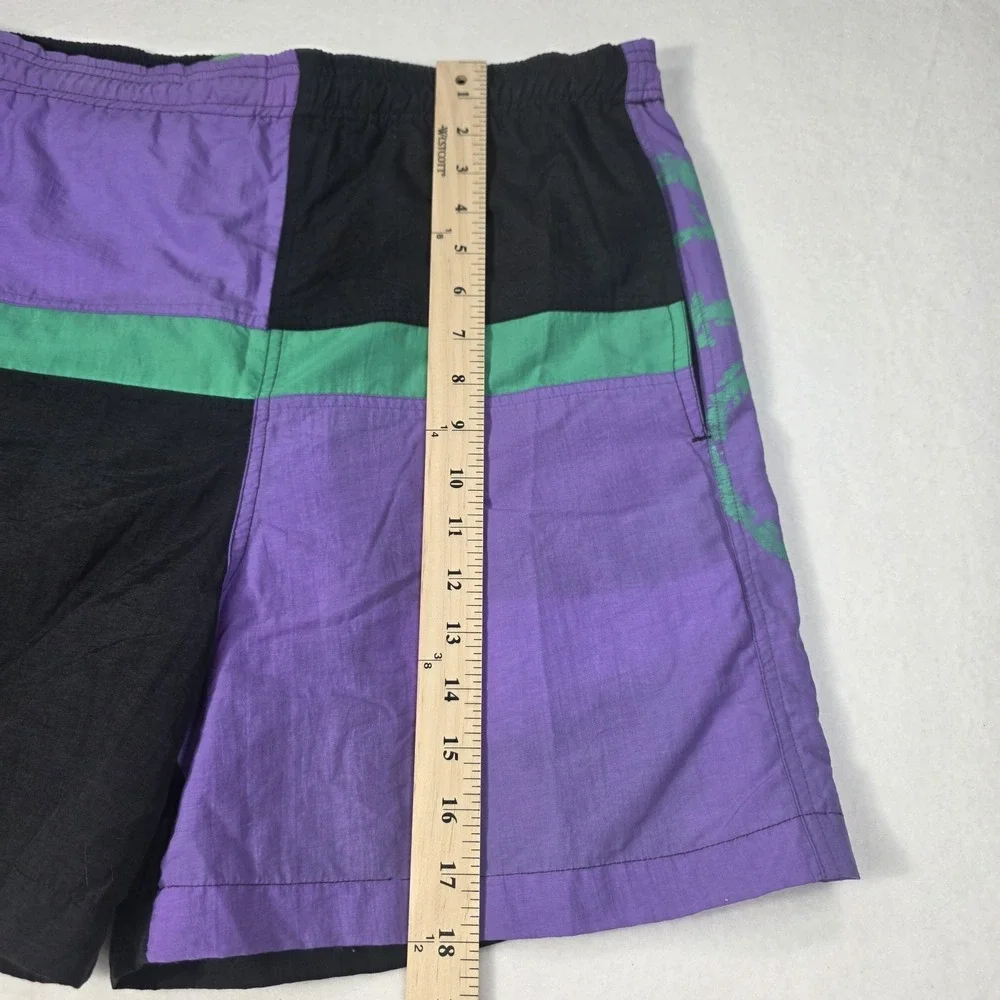Vintage 1980's Mens Hang Ten Purple‎ Green Black Colorblock Trunks Size L